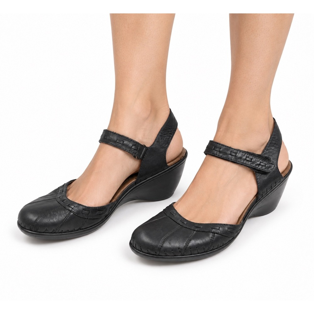 Easy Spirit Vintage Y2K Black Leather Wedge Mary Jane Sandals Women's Size 9